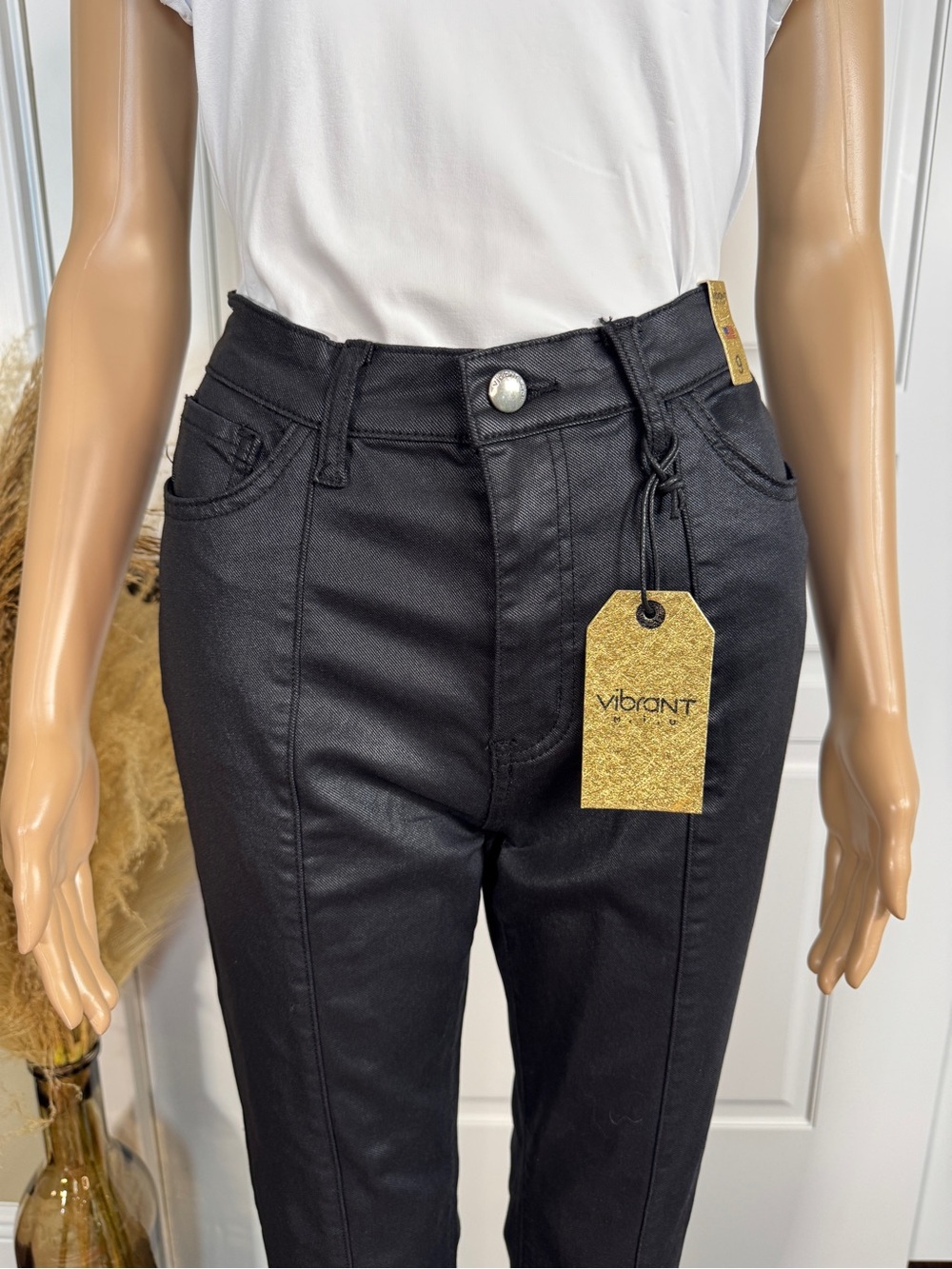 BLACK COATED SPLIT BOTTOM JEANS NWT - Picture 9 of 15